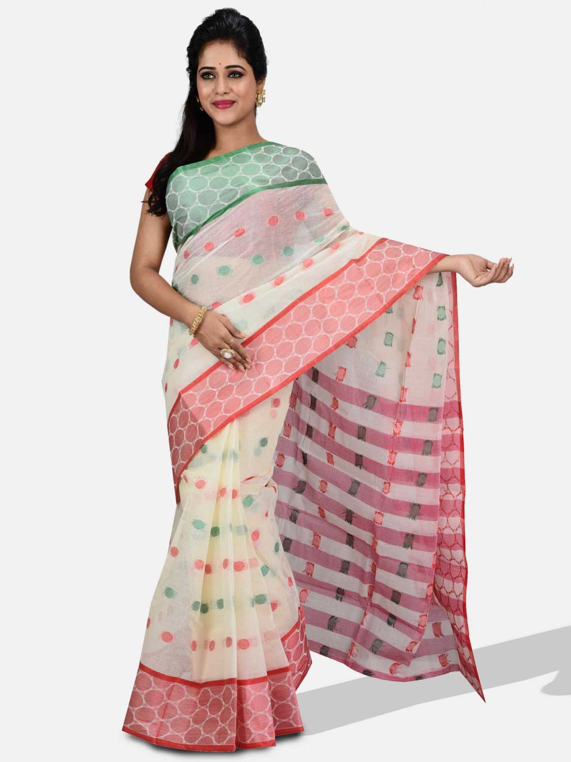 Pure Cotton – Traditional Bengali Tant Saree – Cotton and Jori Fancy Work –" Ganga Jamuna" Color Jori Work Border (Red Off-White Green)